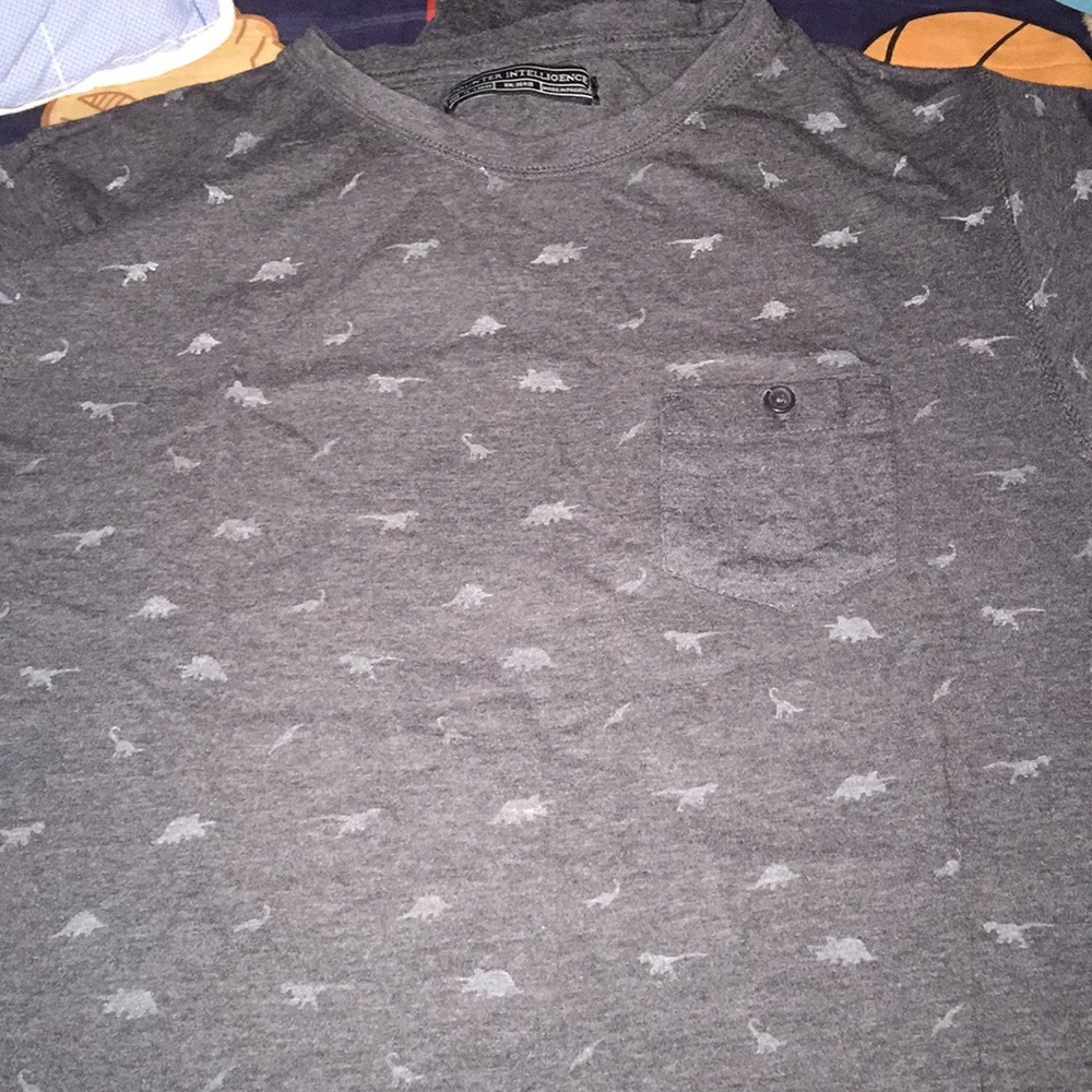 A gray shirt with white dinosaurs on it